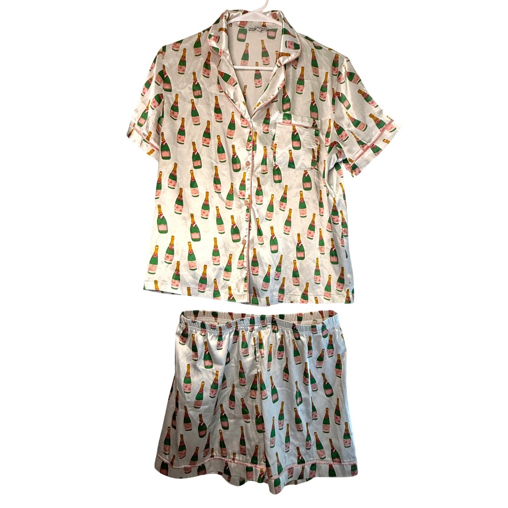 Mary Square Pajama Set Womens M Champagne Bottle Satin Top Shorts Party